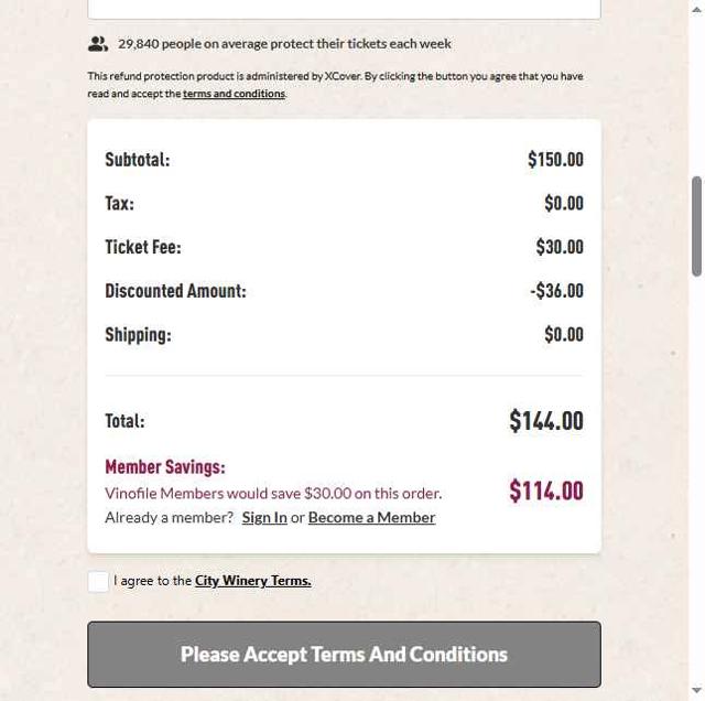 City Winery checkout page showing City Winery promo code box | Screenshot taken by SimplyCodes community member on Apr 22, 2025