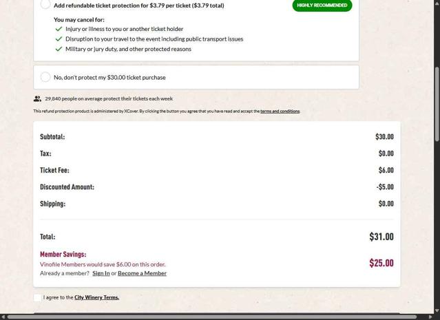 City Winery checkout page showing City Winery promo code box | Screenshot taken by SimplyCodes community member on Sep 5, 2025