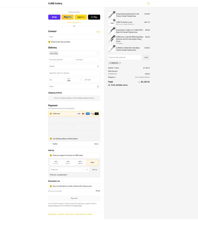 CJRB Cutlery checkout page showing CJRB Cutlery promo code box | Screenshot taken by SimplyCodes community member on Sep 1, 2025