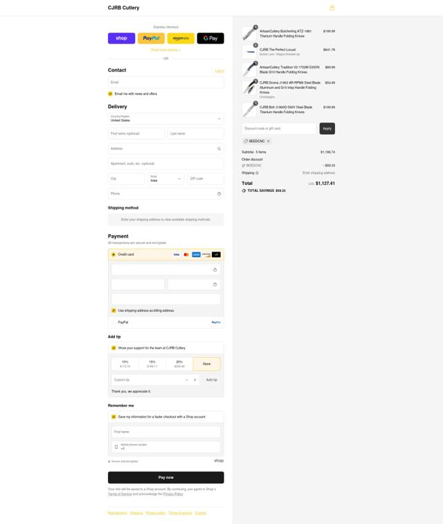 CJRB Cutlery checkout page showing CJRB Cutlery promo code box | Screenshot taken by SimplyCodes community member on Sep 5, 2025