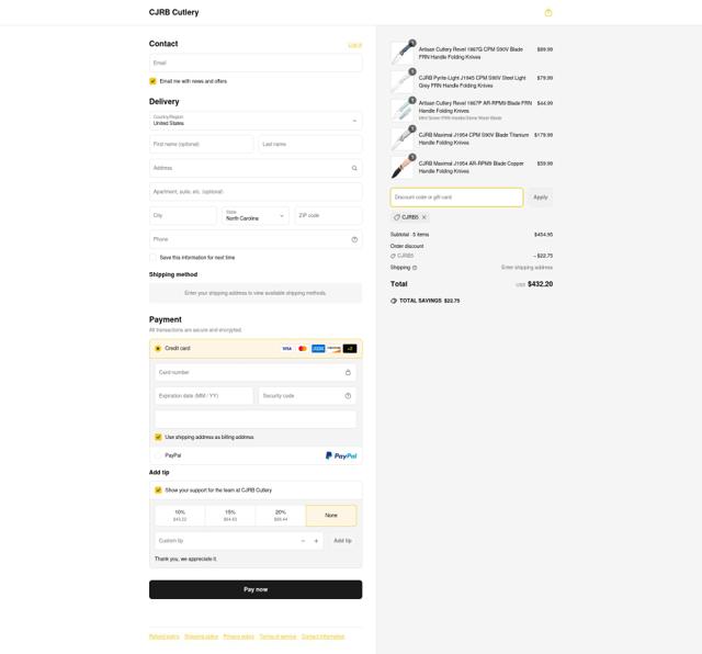 CJRB Cutlery checkout page showing CJRB Cutlery promo code box | Screenshot taken by SimplyCodes community member on Jun 14, 2025