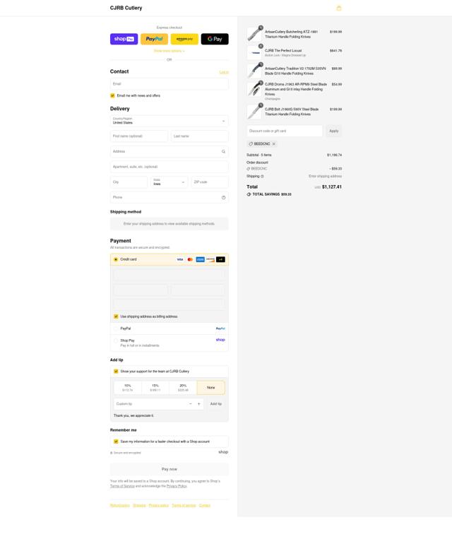 CJRB Cutlery checkout page showing CJRB Cutlery promo code box | Screenshot taken by SimplyCodes community member on Aug 28, 2025