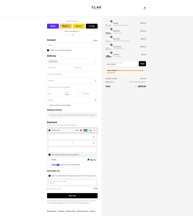 Clae checkout page showing Clae discount code box | Screenshot taken by SimplyCodes community member on Aug 9, 2025
