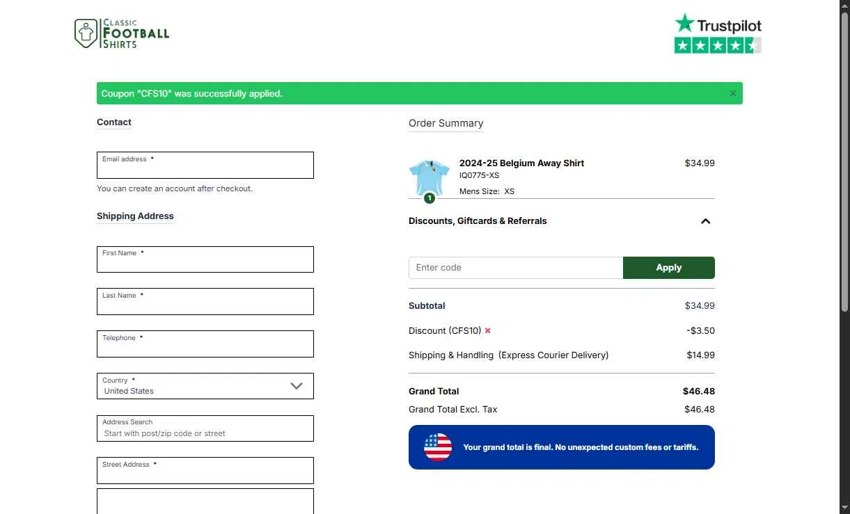 Classic Football Shirts US checkout page showing Classic Football Shirts US promo code box | Screenshot taken by SimplyCodes community member on Dec 20, 2025