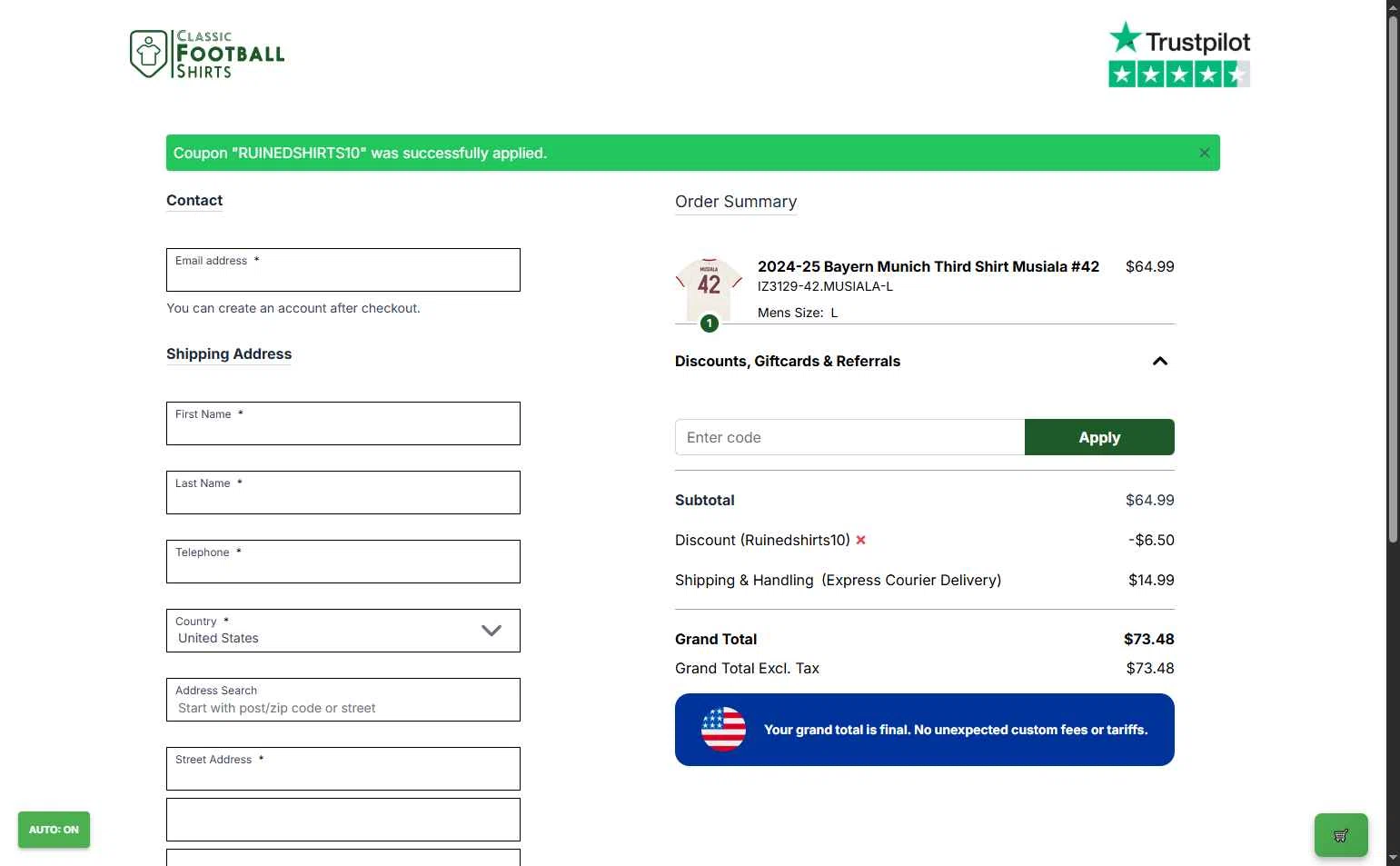 Classic Football Shirts US checkout page showing Classic Football Shirts US promo code box | Screenshot taken by SimplyCodes community member on Dec 20, 2025