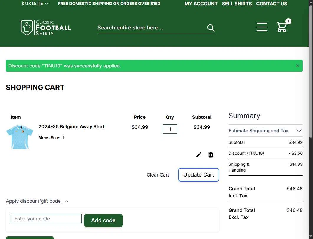 Classic Football Shirts US checkout page showing Classic Football Shirts US promo code box | Screenshot taken by SimplyCodes community member on Dec 20, 2025