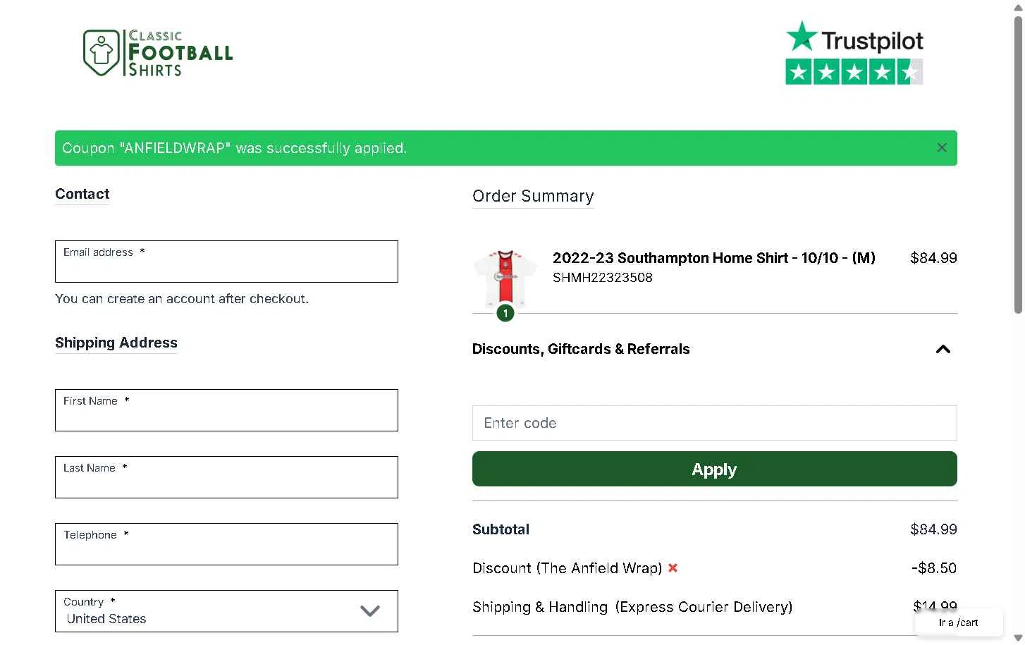 Classic Football Shirts US checkout page showing Classic Football Shirts US promo code box | Screenshot taken by SimplyCodes community member on Dec 30, 2025
