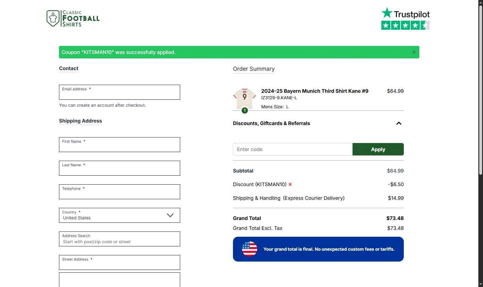 Classic Football Shirts US checkout page showing Classic Football Shirts US promo code box | Screenshot taken by SimplyCodes community member on Dec 20, 2025