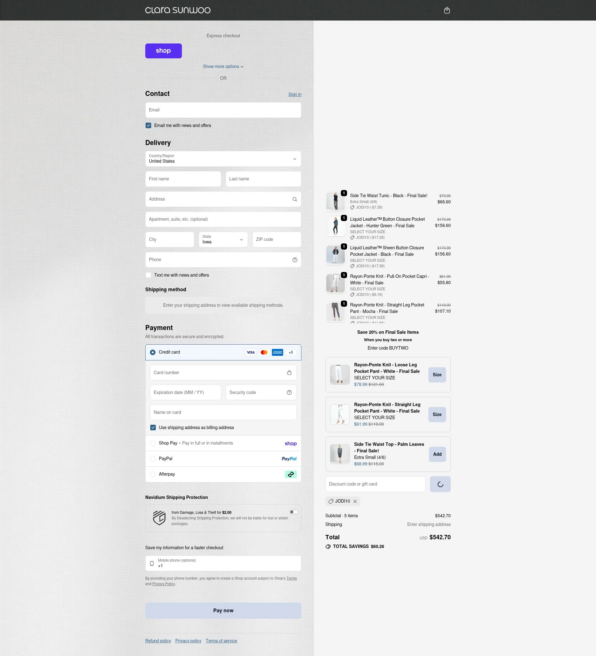 Clara Sunwoo checkout page showing Clara Sunwoo discount code box | Screenshot taken by SimplyCodes community member on Feb 17, 2026