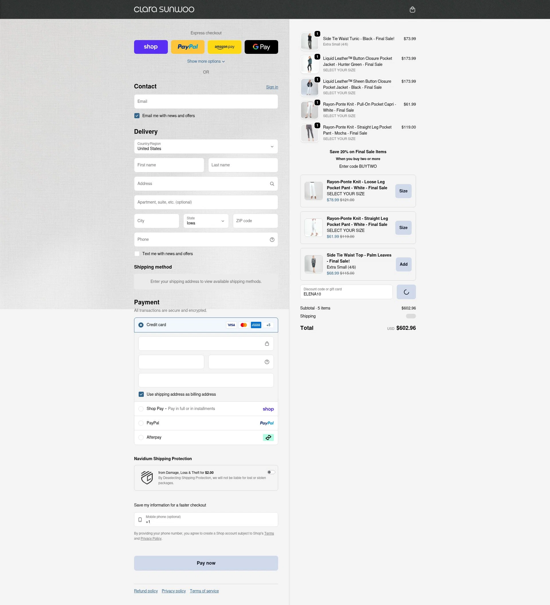 Clara Sunwoo checkout page showing Clara Sunwoo discount code box | Screenshot taken by SimplyCodes community member on Feb 17, 2026