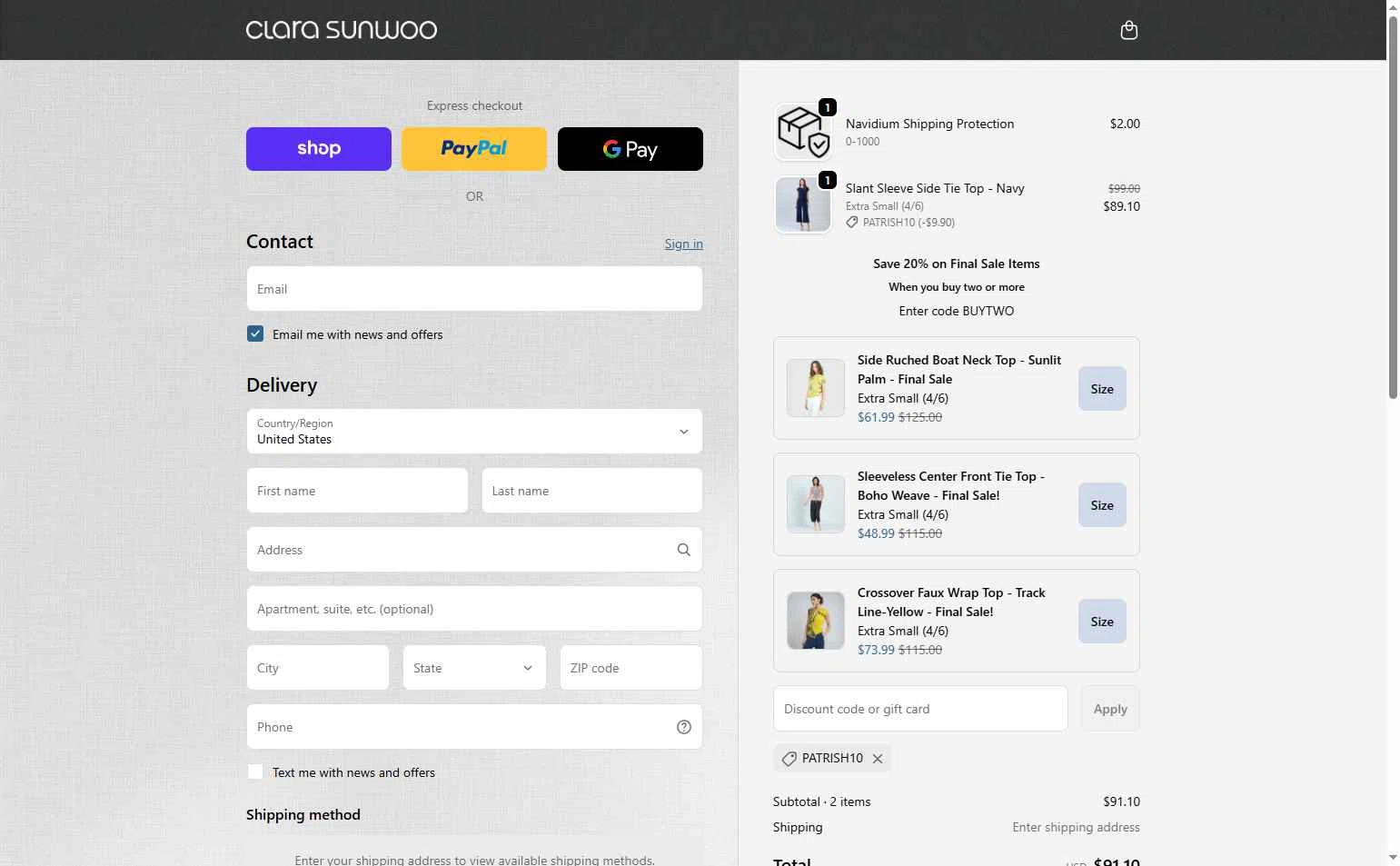 Clara Sunwoo checkout page showing Clara Sunwoo discount code box | Screenshot taken by SimplyCodes community member on Feb 17, 2026