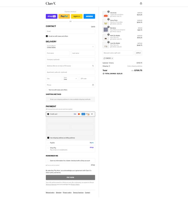 Clare V. checkout page showing Clare V. promo code box | Screenshot taken by SimplyCodes community member on Aug 17, 2025
