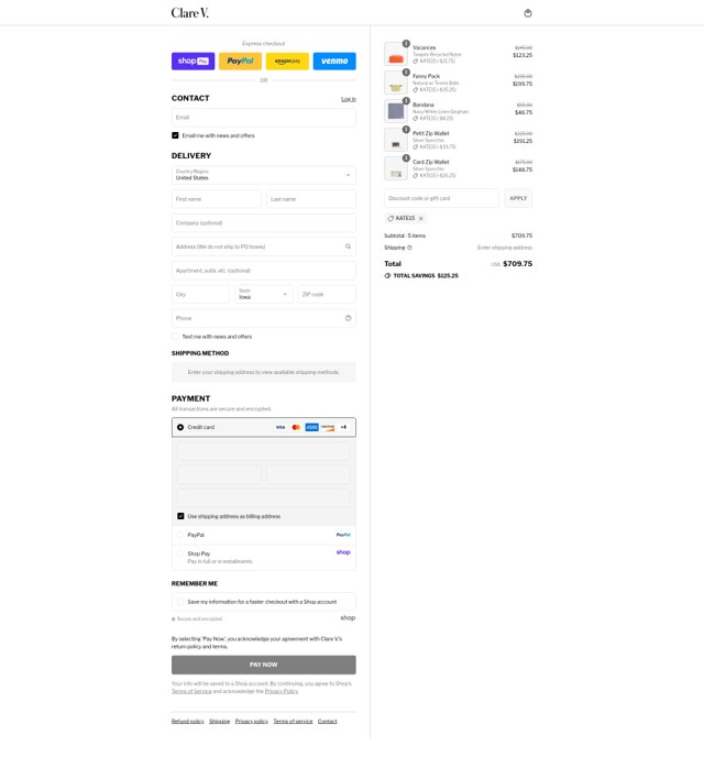 Clare V. checkout page showing Clare V. promo code box | Screenshot taken by SimplyCodes community member on Aug 17, 2025