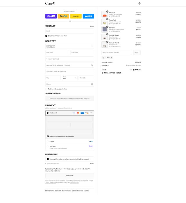 Clare V. checkout page showing Clare V. promo code box | Screenshot taken by SimplyCodes community member on Aug 26, 2025