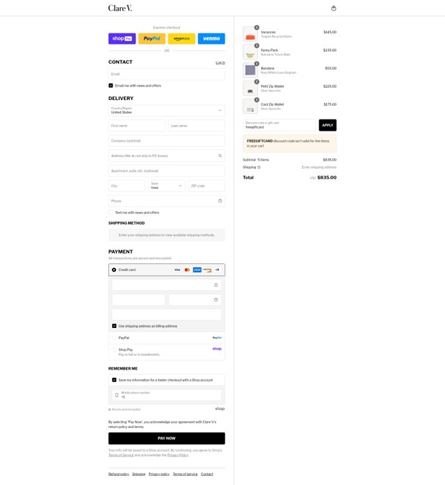 Clare V. checkout page showing Clare V. promo code box | Screenshot taken by SimplyCodes community member on Aug 22, 2025