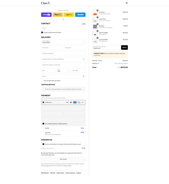 Clare V. checkout page showing Clare V. promo code box | Screenshot taken by SimplyCodes community member on Aug 26, 2025