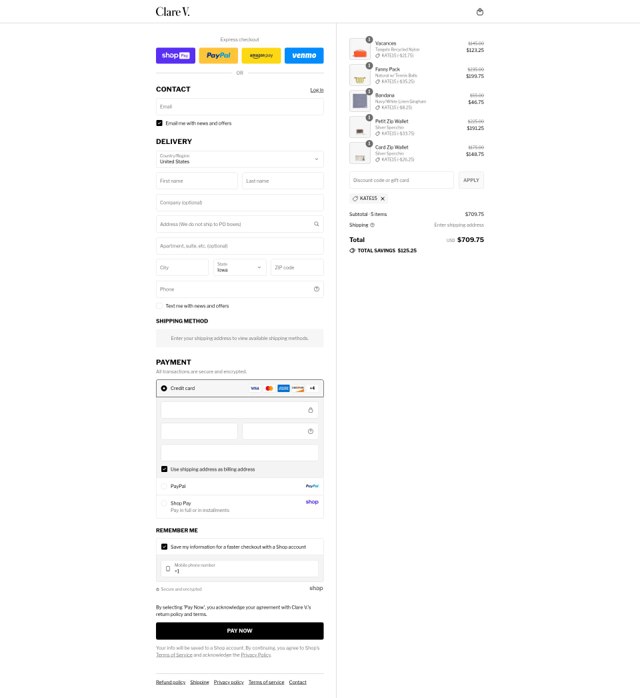 Clare V. checkout page showing Clare V. promo code box | Screenshot taken by SimplyCodes community member on Aug 22, 2025