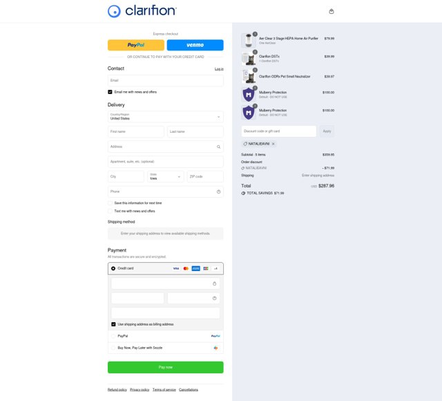 Clarifion checkout page showing Clarifion discount code box | Screenshot taken by SimplyCodes community member on Sep 4, 2025