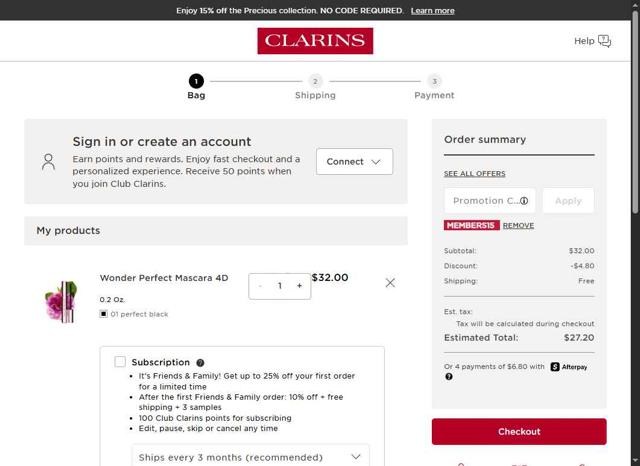 Clarins checkout page showing Clarins promo code box | Screenshot taken by SimplyCodes community member on Sep 9, 2025