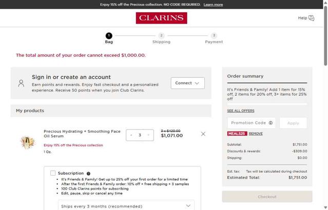 Clarins checkout page showing Clarins promo code box | Screenshot taken by SimplyCodes community member on Sep 14, 2025