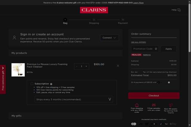 Clarins checkout page showing Clarins promo code box | Screenshot taken by SimplyCodes community member on Sep 6, 2025
