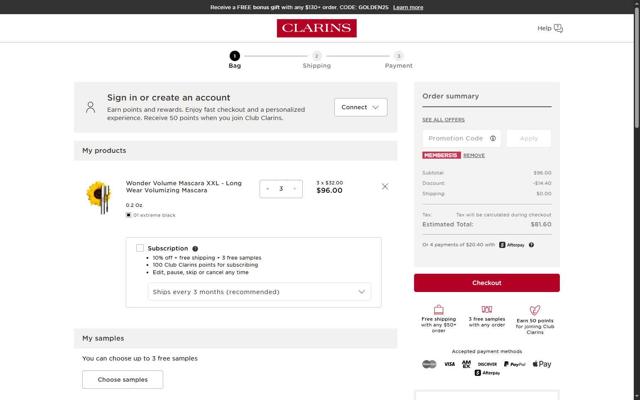 Clarins checkout page showing Clarins promo code box | Screenshot taken by SimplyCodes community member on Aug 30, 2025