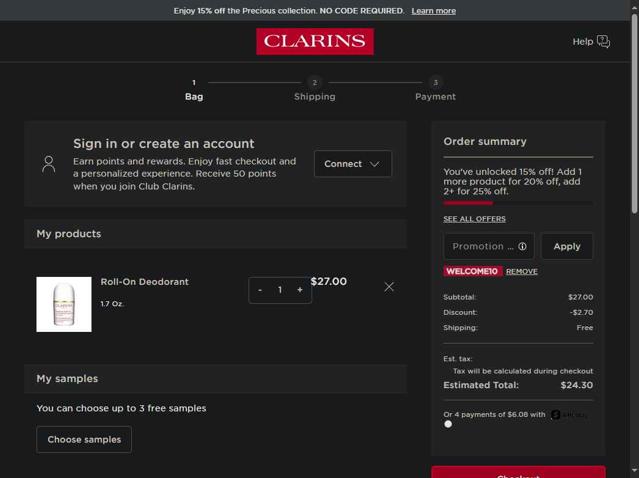 Clarins checkout page showing Clarins promo code box | Screenshot taken by SimplyCodes community member on Sep 12, 2025