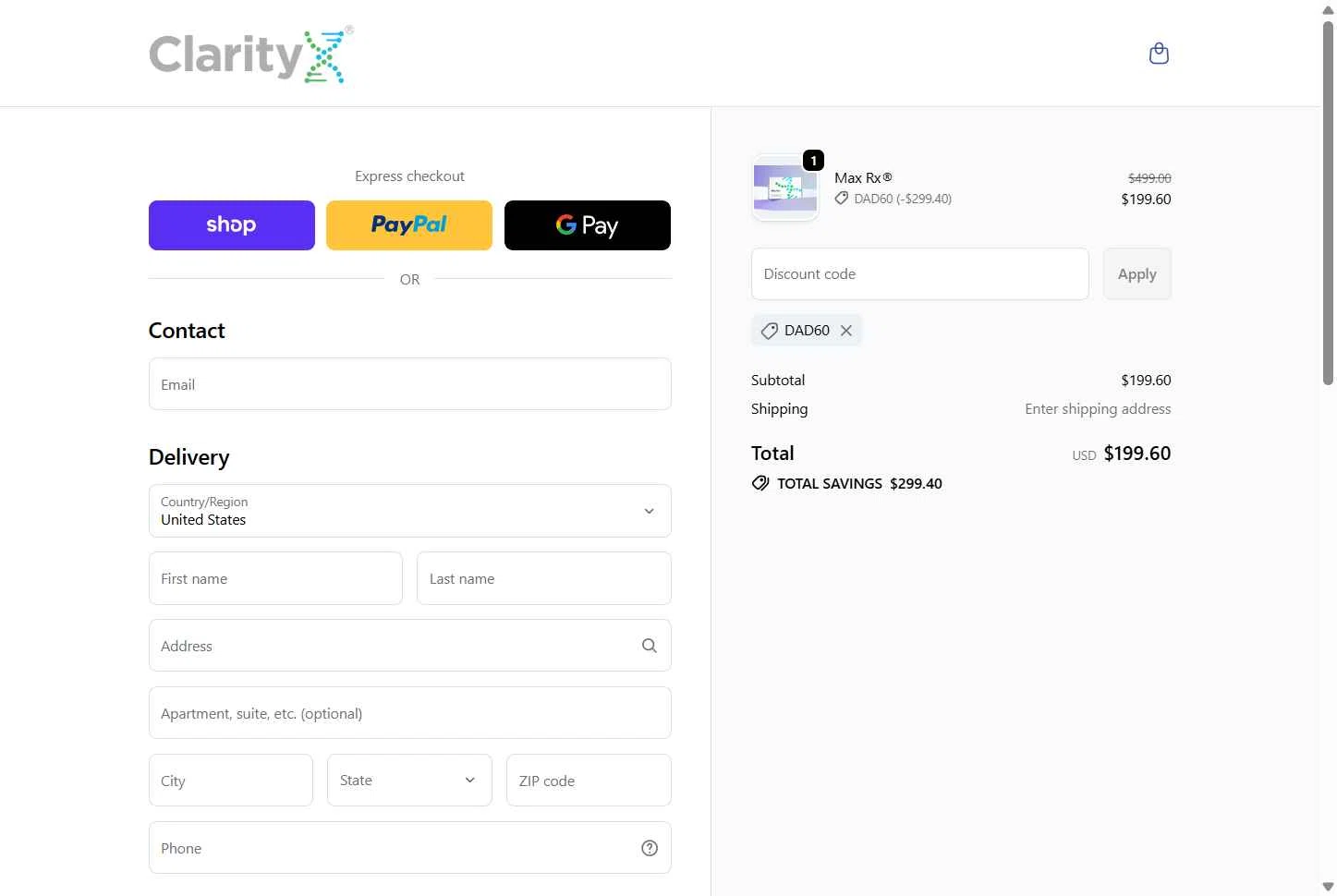 ClarityX DNA checkout page showing ClarityX DNA promo code box | Screenshot taken by SimplyCodes community member on Jan 29, 2026