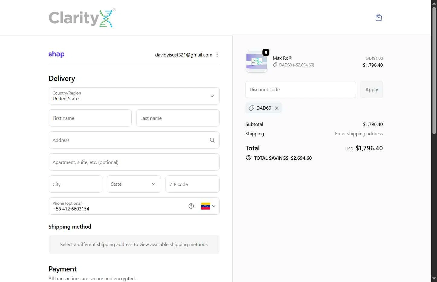 ClarityX DNA checkout page showing ClarityX DNA promo code box | Screenshot taken by SimplyCodes community member on Jan 29, 2026