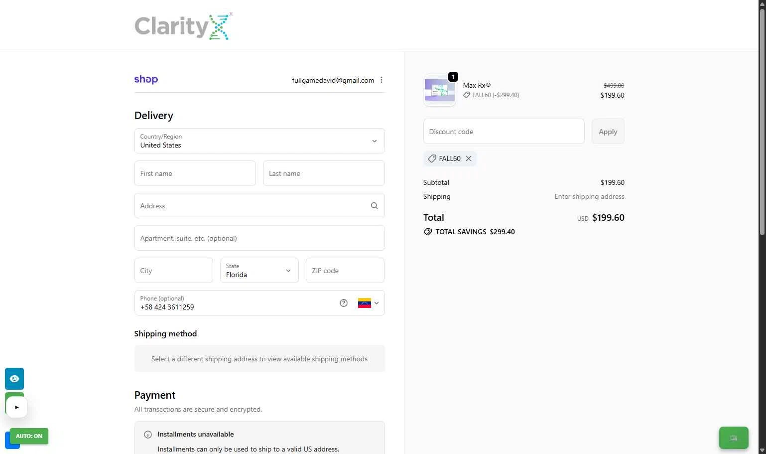 ClarityX DNA checkout page showing ClarityX DNA promo code box | Screenshot taken by SimplyCodes community member on Feb 4, 2026