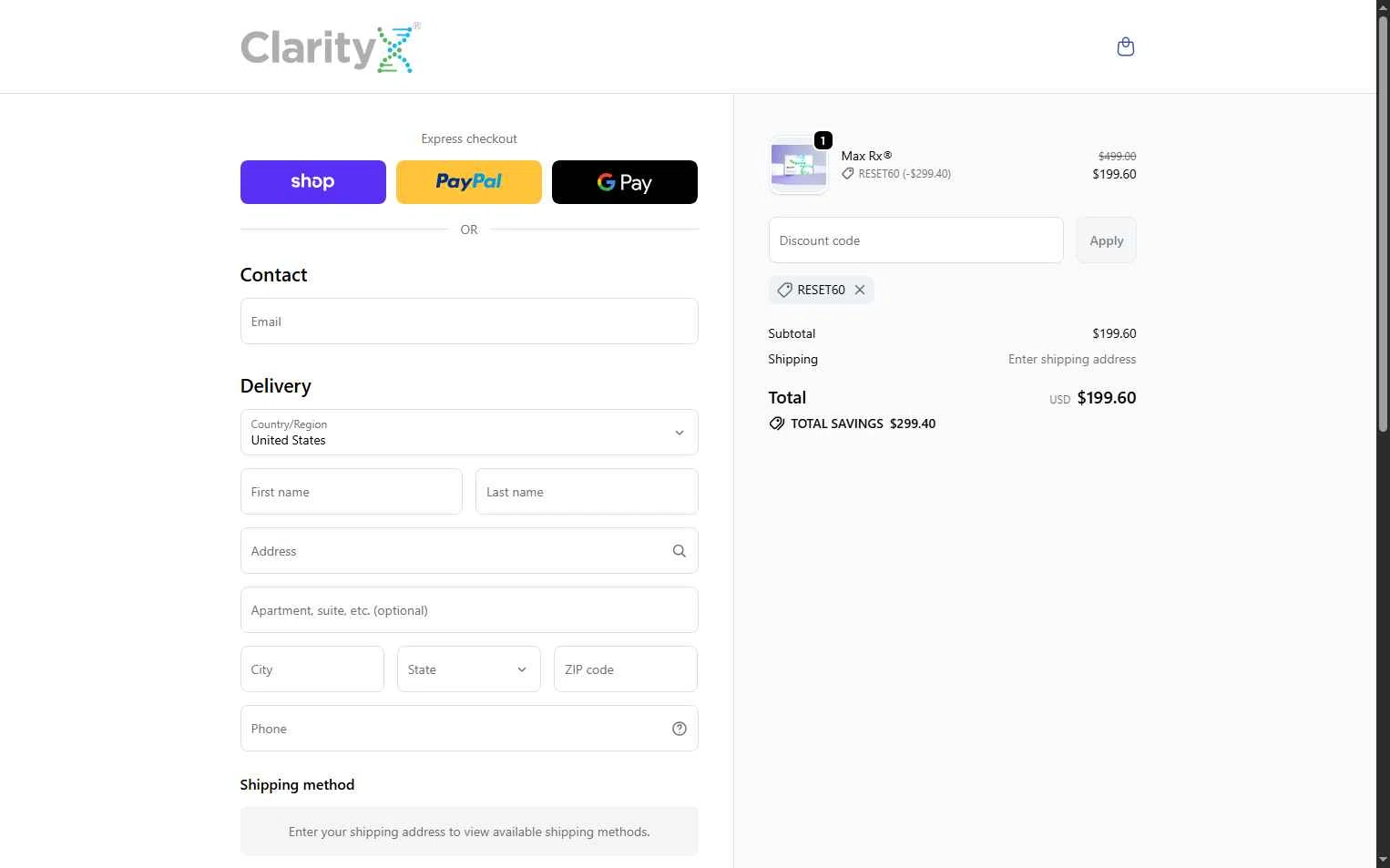 ClarityX DNA checkout page showing ClarityX DNA promo code box | Screenshot taken by SimplyCodes community member on Feb 17, 2026