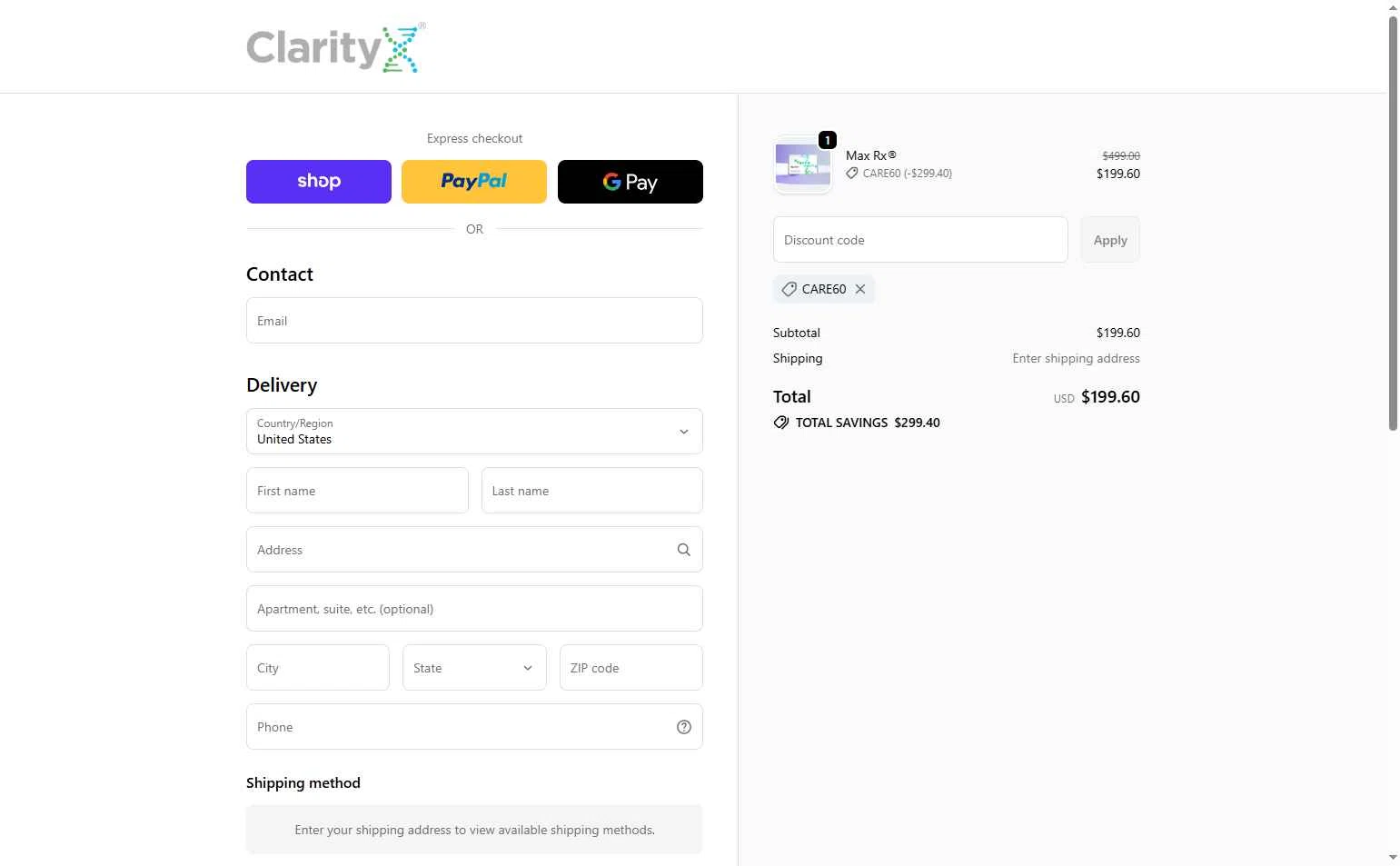 ClarityX DNA checkout page showing ClarityX DNA promo code box | Screenshot taken by SimplyCodes community member on Feb 8, 2026