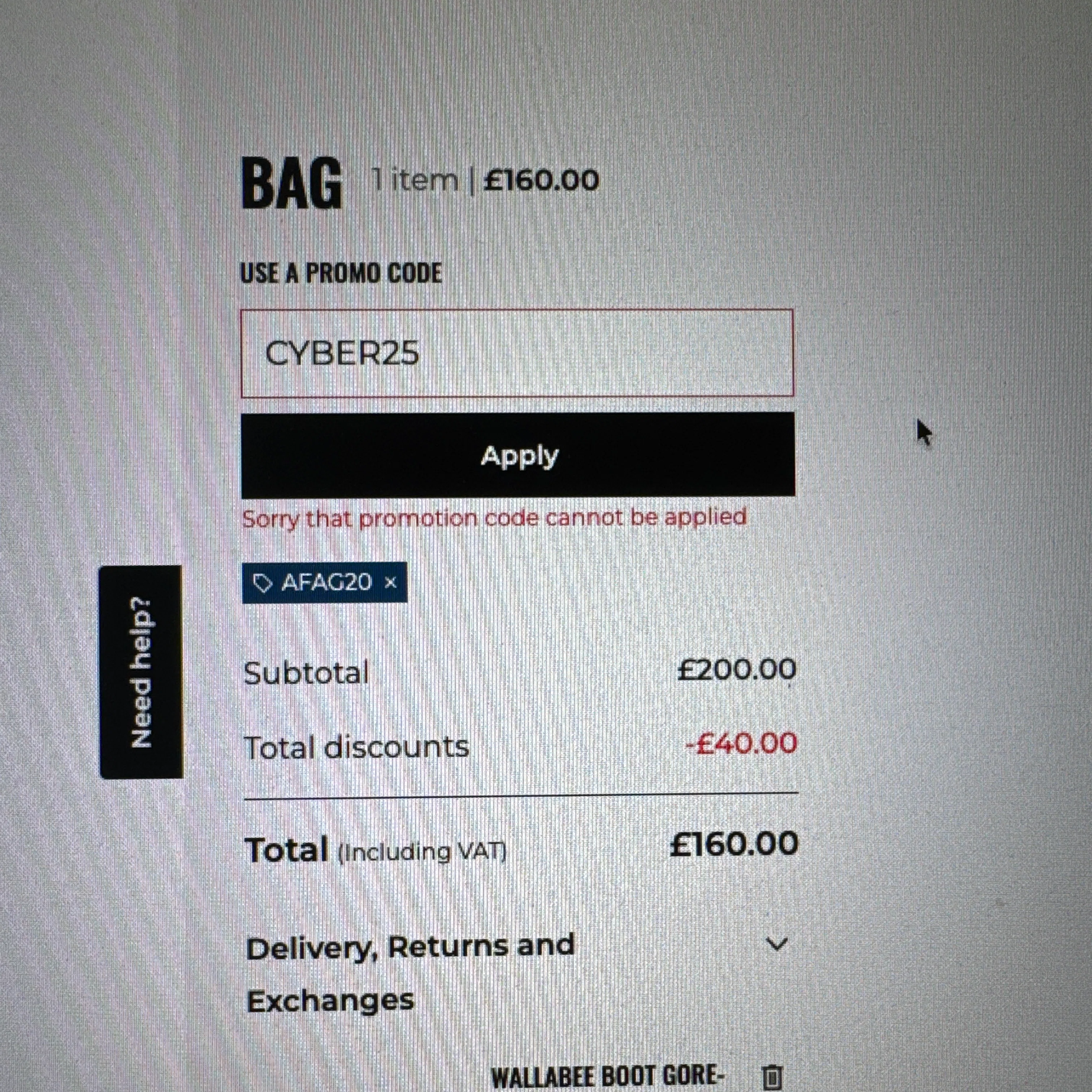 Clark's promo code screenshot showing code AFAG20 applied at Clark's checkout page. Uploaded by SimplyCodes community member NoblePro5064 on Dec 3, 2025
