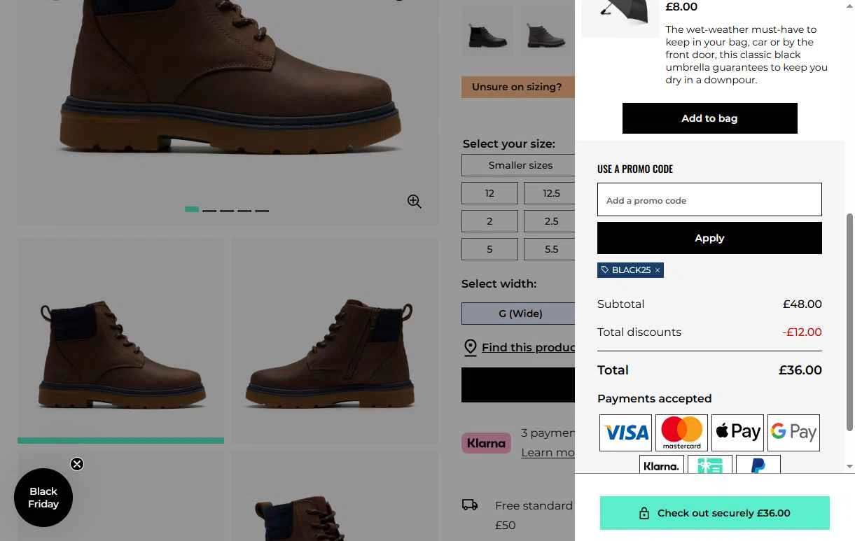 Clark's checkout page showing Clark's promo code box | Screenshot taken by SimplyCodes community member on Nov 18, 2025