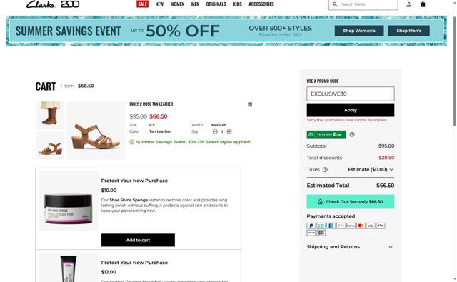 Clark's checkout page showing Clark's promo code box | Screenshot taken by SimplyCodes community member on Jul 12, 2025
