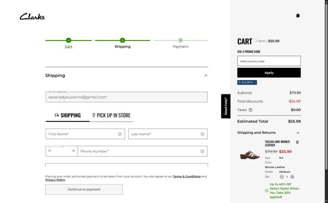 Clark's checkout page showing Clark's promo code box | Screenshot taken by SimplyCodes community member on Jul 8, 2025