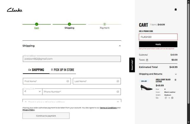 Clark's checkout page showing Clark's promo code box | Screenshot taken by SimplyCodes community member on Jul 30, 2025