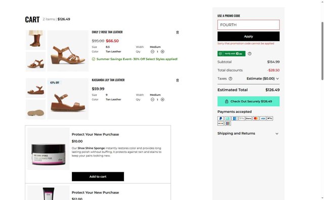 Clark's checkout page showing Clark's promo code box | Screenshot taken by SimplyCodes community member on Jul 14, 2025