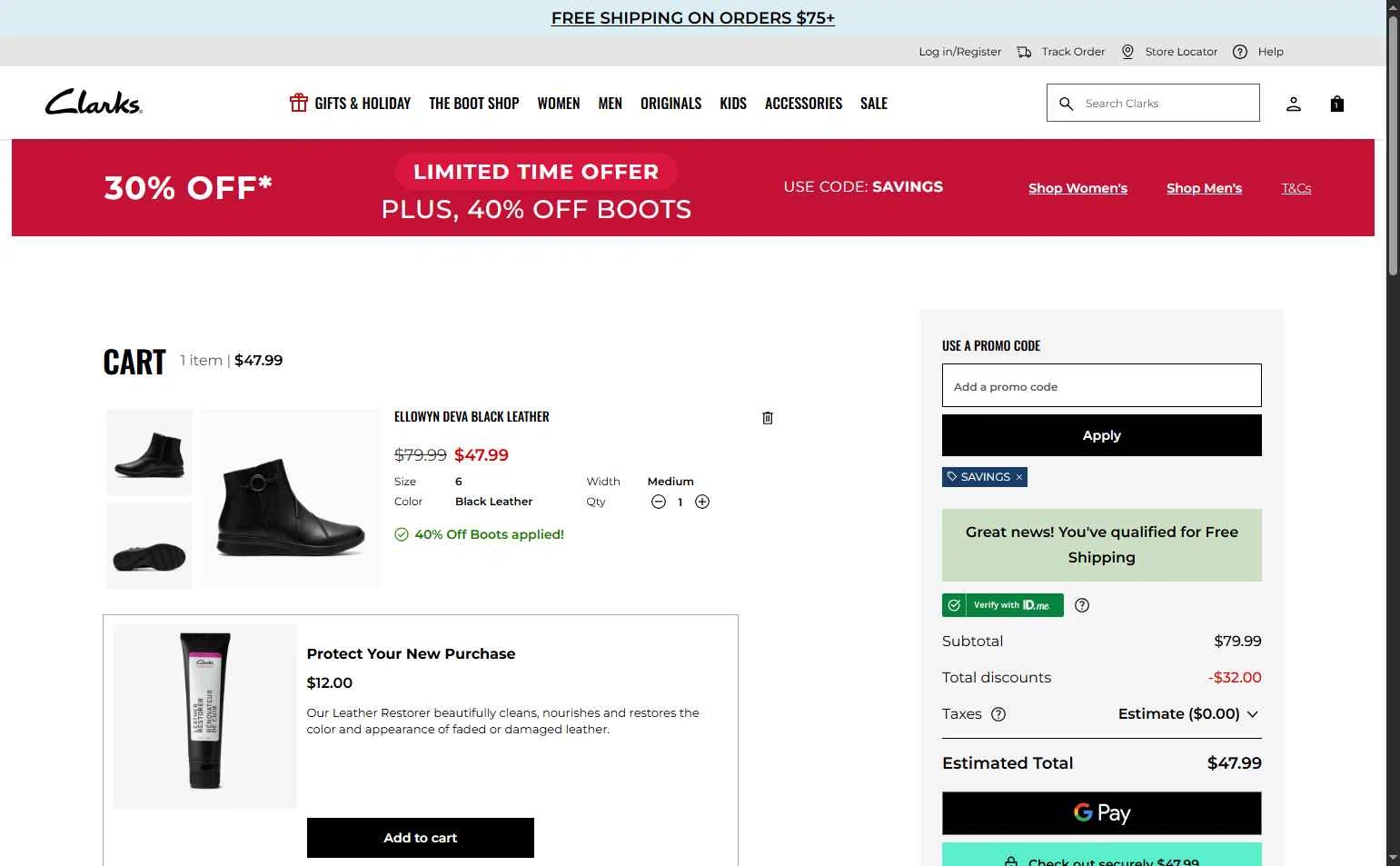 Clark's checkout page showing Clark's promo code box | Screenshot taken by SimplyCodes community member on Dec 3, 2025