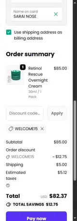 WELCOME15 coupon verification screenshot