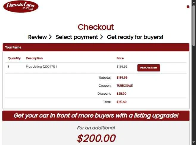 ClassicCars.com checkout page showing ClassicCars.com promo code box | Screenshot taken by SimplyCodes community member on Sep 29, 2025
