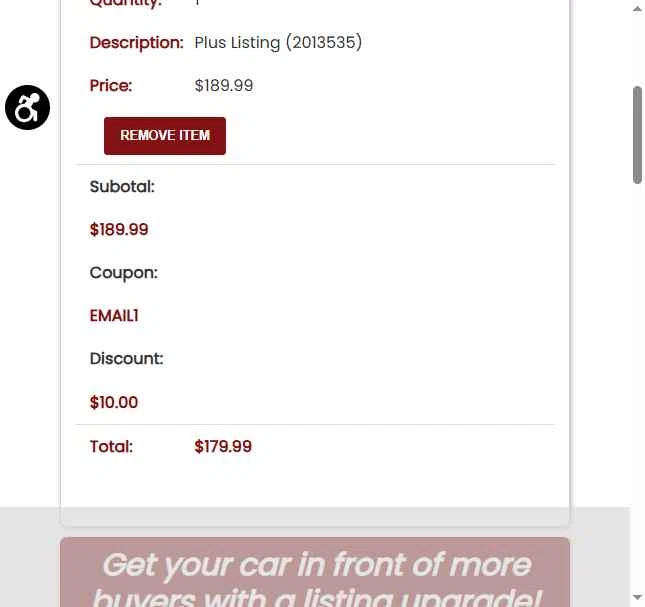 ClassicCars.com checkout page showing ClassicCars.com promo code box | Screenshot taken by SimplyCodes community member on Oct 20, 2025