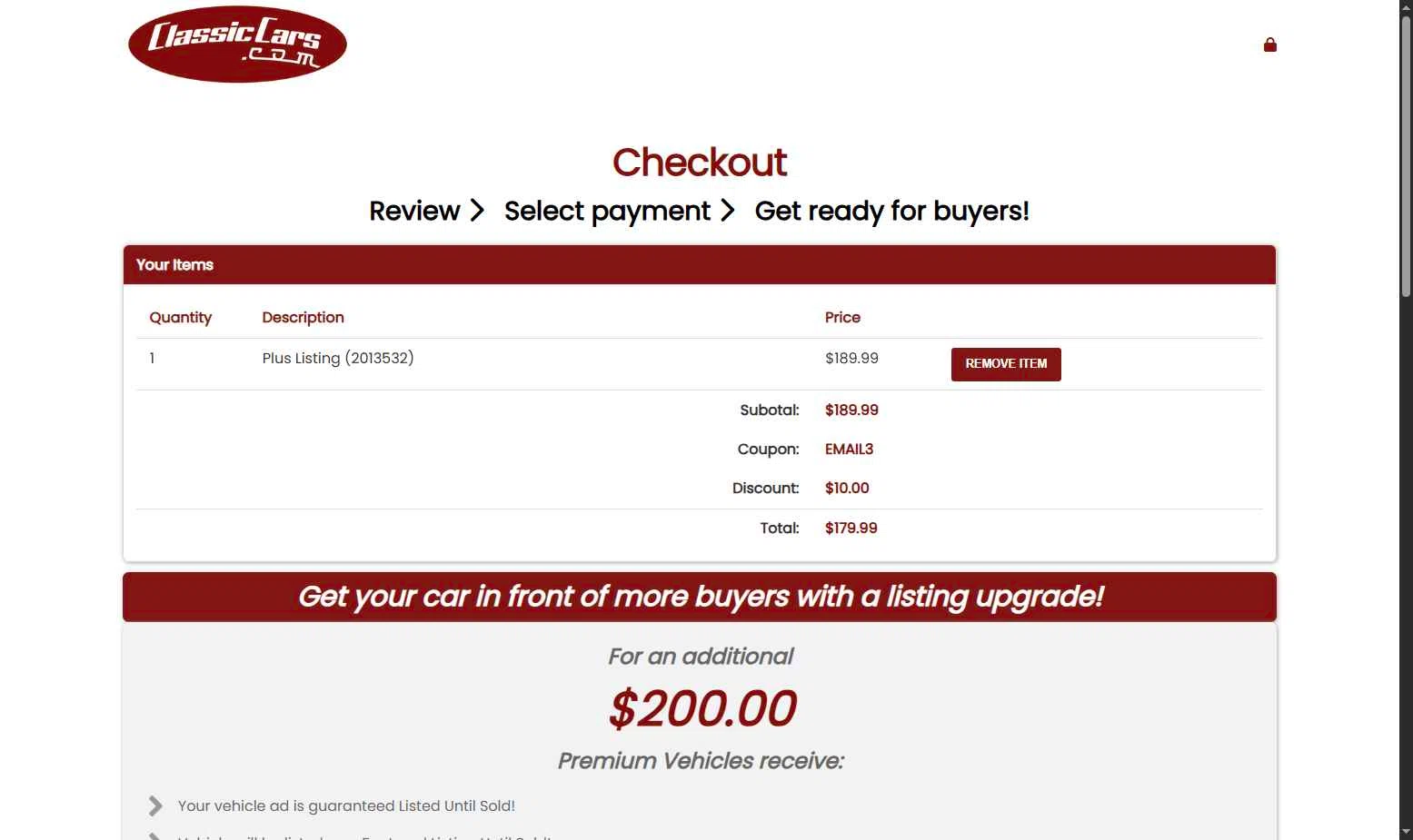 ClassicCars.com checkout page showing ClassicCars.com promo code box | Screenshot taken by SimplyCodes community member on Oct 20, 2025