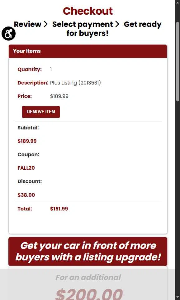 ClassicCars.com checkout page showing ClassicCars.com promo code box | Screenshot taken by SimplyCodes community member on Oct 20, 2025