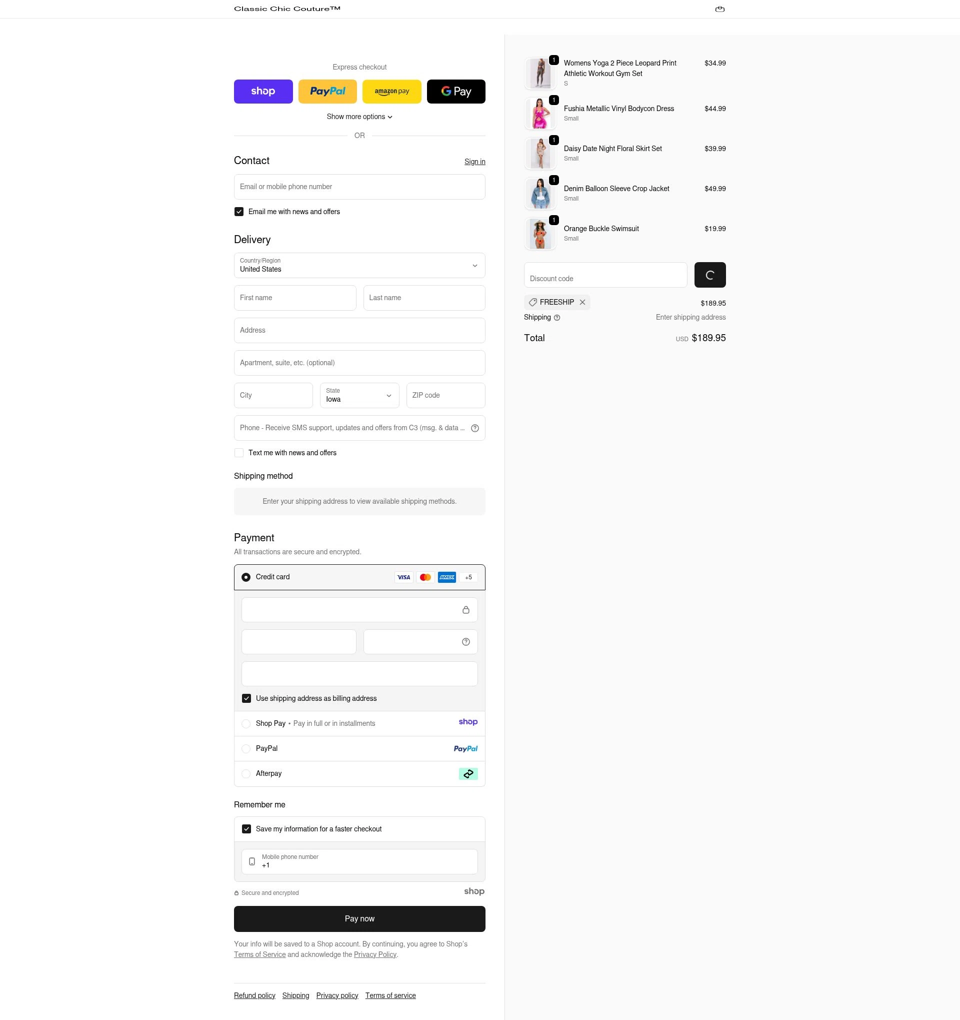 Classic Chic Couture checkout page showing Classic Chic Couture promo code box | Screenshot taken by SimplyCodes community member on Dec 28, 2025