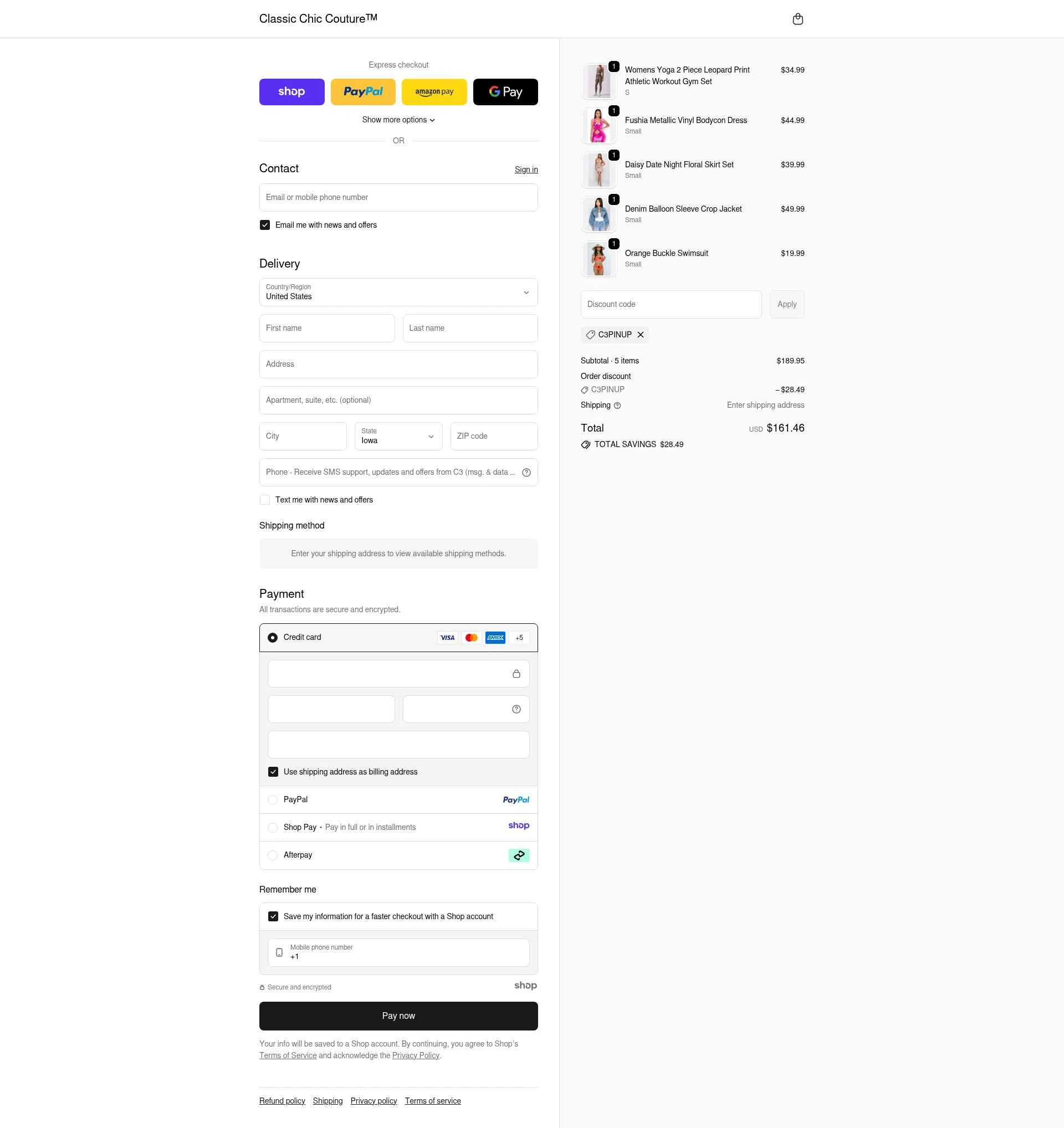 Classic Chic Couture checkout page showing Classic Chic Couture promo code box | Screenshot taken by SimplyCodes community member on Dec 5, 2025