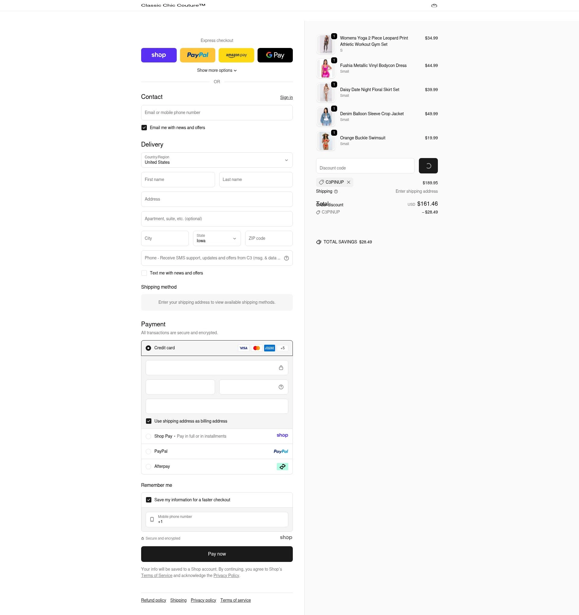 Classic Chic Couture checkout page showing Classic Chic Couture promo code box | Screenshot taken by SimplyCodes community member on Dec 23, 2025
