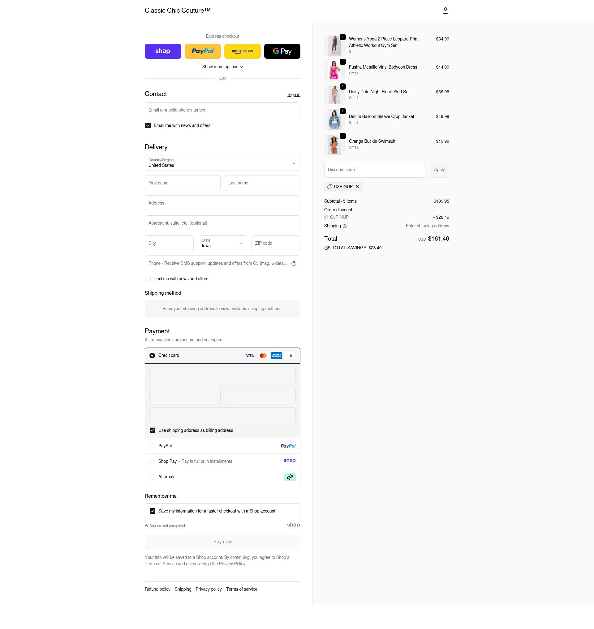 Classic Chic Couture checkout page showing Classic Chic Couture promo code box | Screenshot taken by SimplyCodes community member on Dec 11, 2025