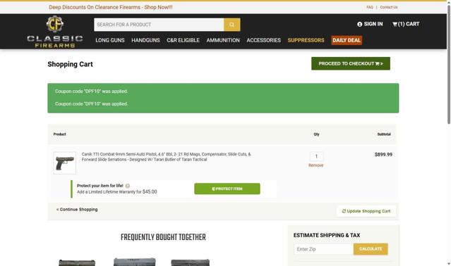Classic Firearms checkout page showing Classic Firearms promo code box | Screenshot taken by SimplyCodes community member on Aug 30, 2025