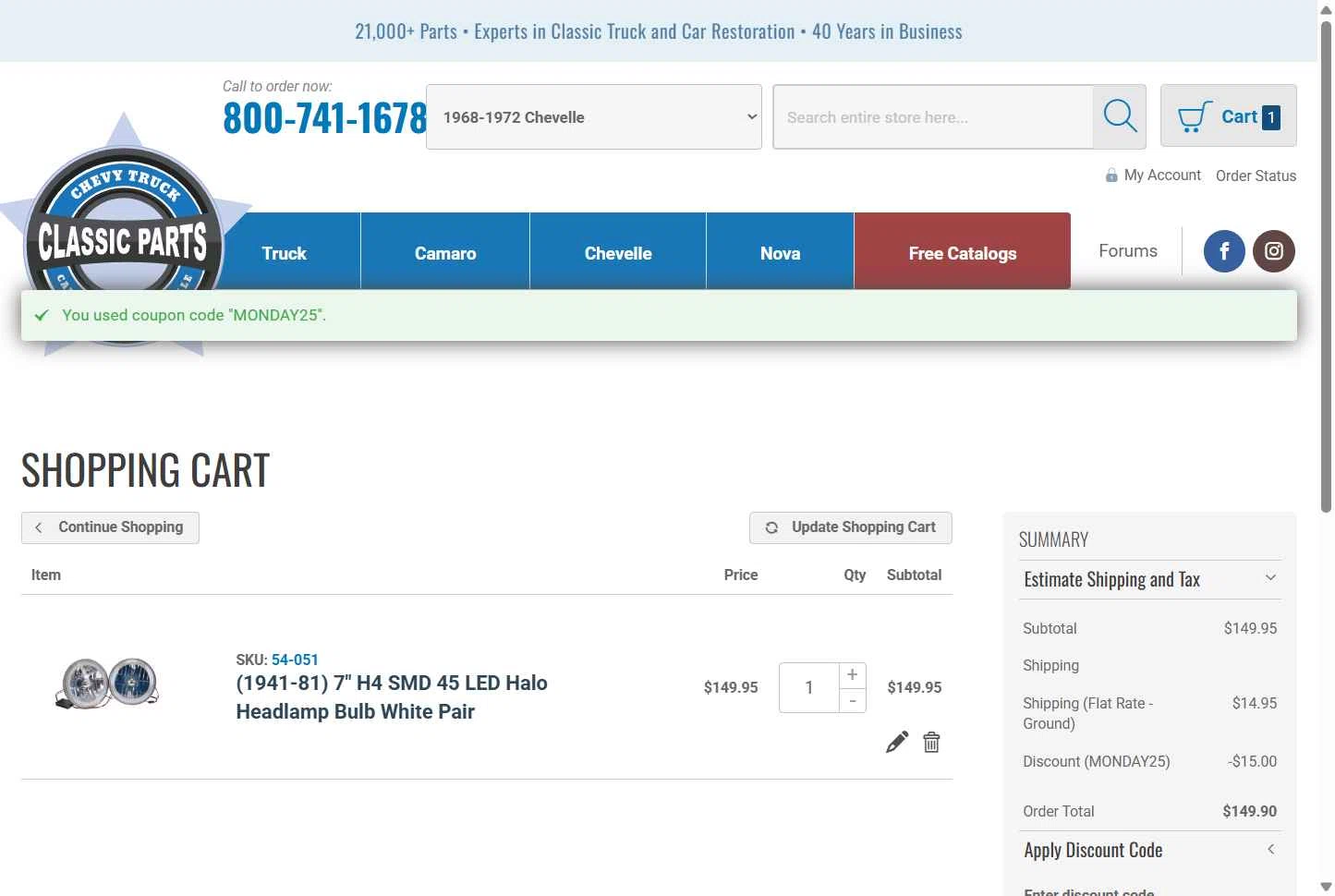 Classic Parts checkout page showing Classic Parts discount code box | Screenshot taken by SimplyCodes community member on Dec 1, 2025